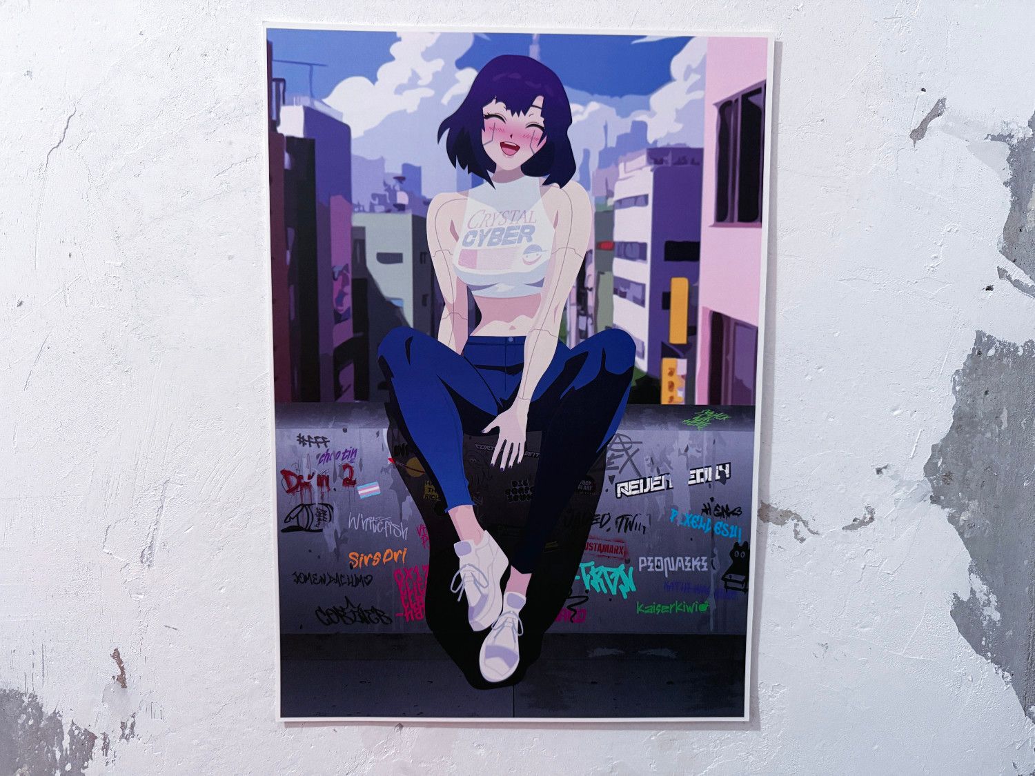 The image is a poster featuring an animated character with short purple hair sitting on a rooftop ledge against an urban cityscape background. The character is wearing a sleeveless white top with text, blue pants, and white sneakers. There is graffiti on the ledge.