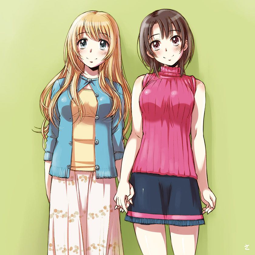 Danbooru tags: 2girls alternate_costume atago_(kancolle) blonde_hair blue_eyes blush brown_hair casual green_background holding_hands kantai_collection long_hair long_skirt looking_at_viewer multiple_girls no_headwear photoshop_(medium) pink_eyes ribbed_sweater sameha_ikuya simple_background skirt sleeveless sleeveless_turtleneck smile standing sweater takao_(kancolle) turtleneck yuri