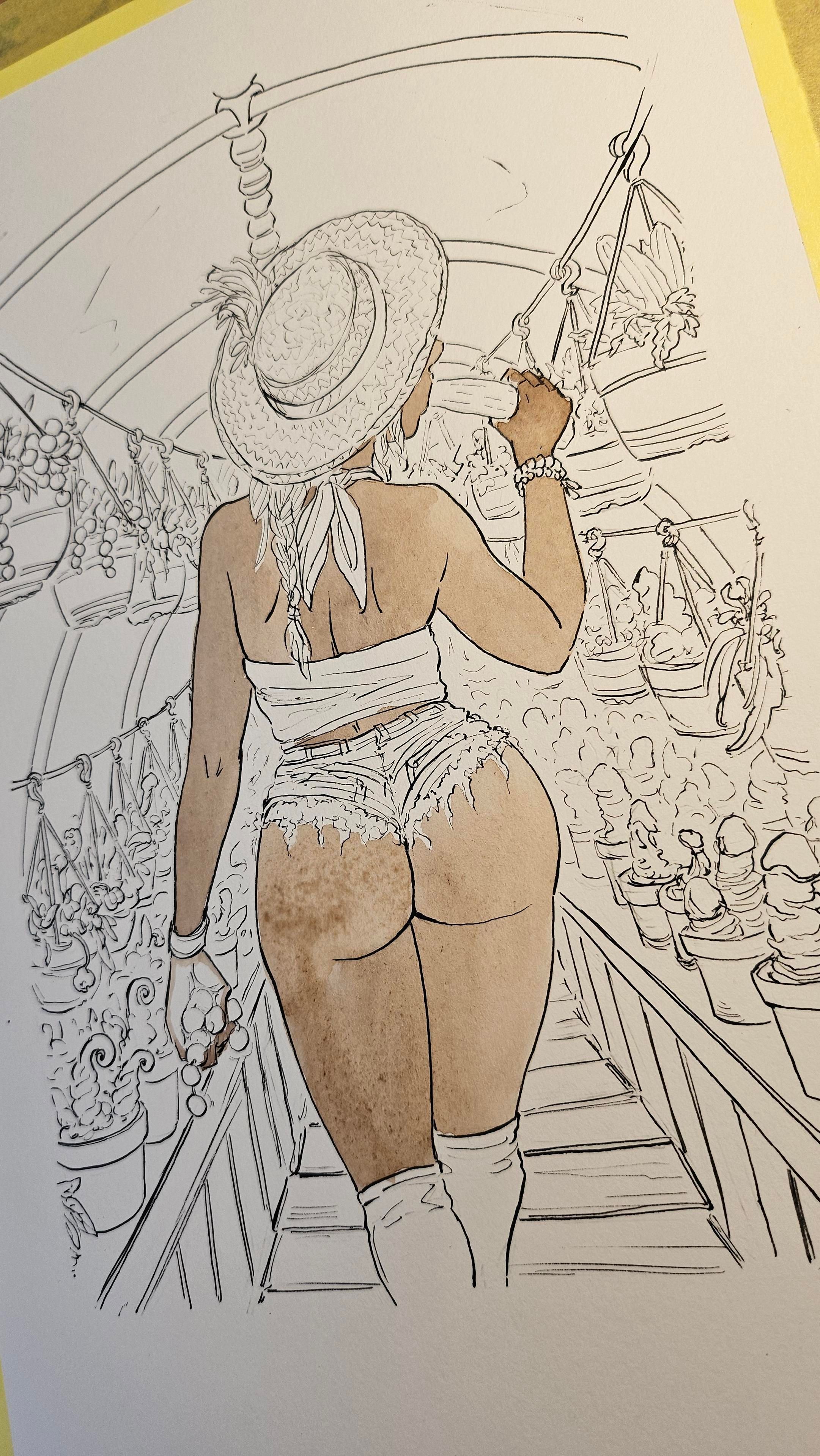 The beginning painting stages of a woman sampling her own vegetables in a totally not sexual way - she just really enjoys gerkins