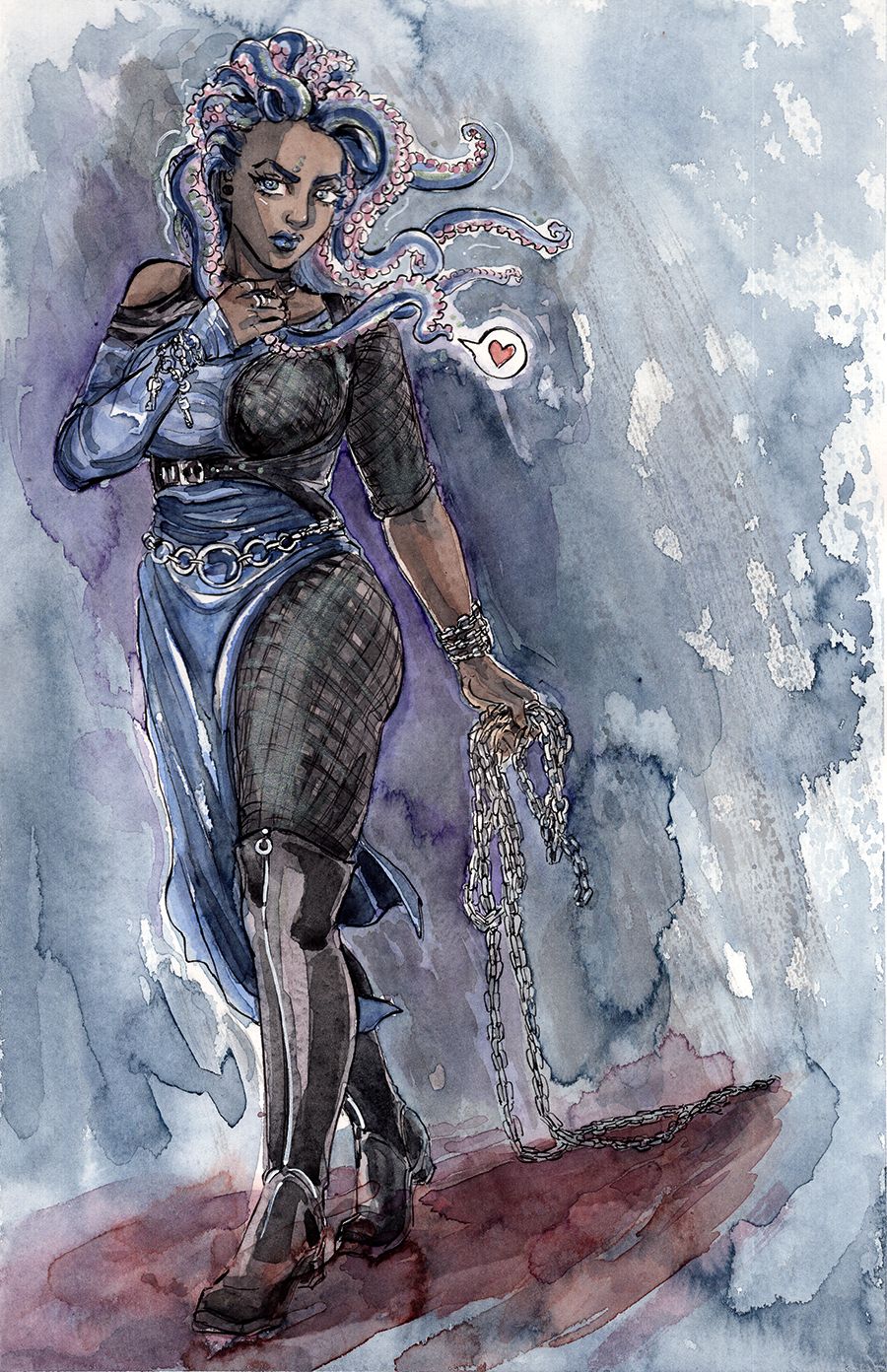 watercolour painting of a Dominatrix with tentacle hair holding chains 