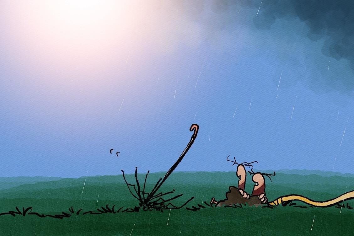 Die Maulwürfe sitzen vor dem Skelett des ausgebrannten Regenschirms. Das Gewitter hat sich verzogen, es fallen nur noch vereinzelt Regentropfen.