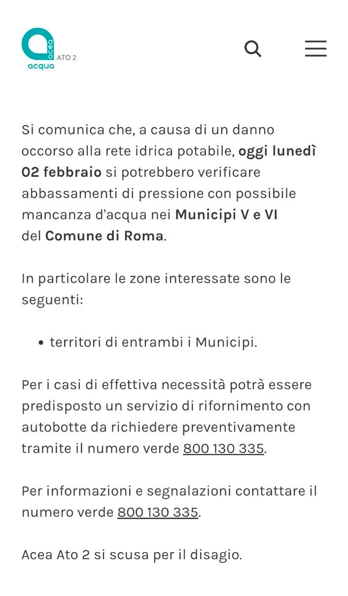Il messaggio di Acea, che dice che il guaio è serio e c'è un numero per le emergenze 

800130335

Non si sa quando torna l'acqua 