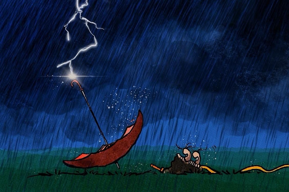 Die Maulwürfe beobachten von ihrem Hpgel aus, wie der Blitz in den Griff des umgedrehten Regenschirms einschlägt