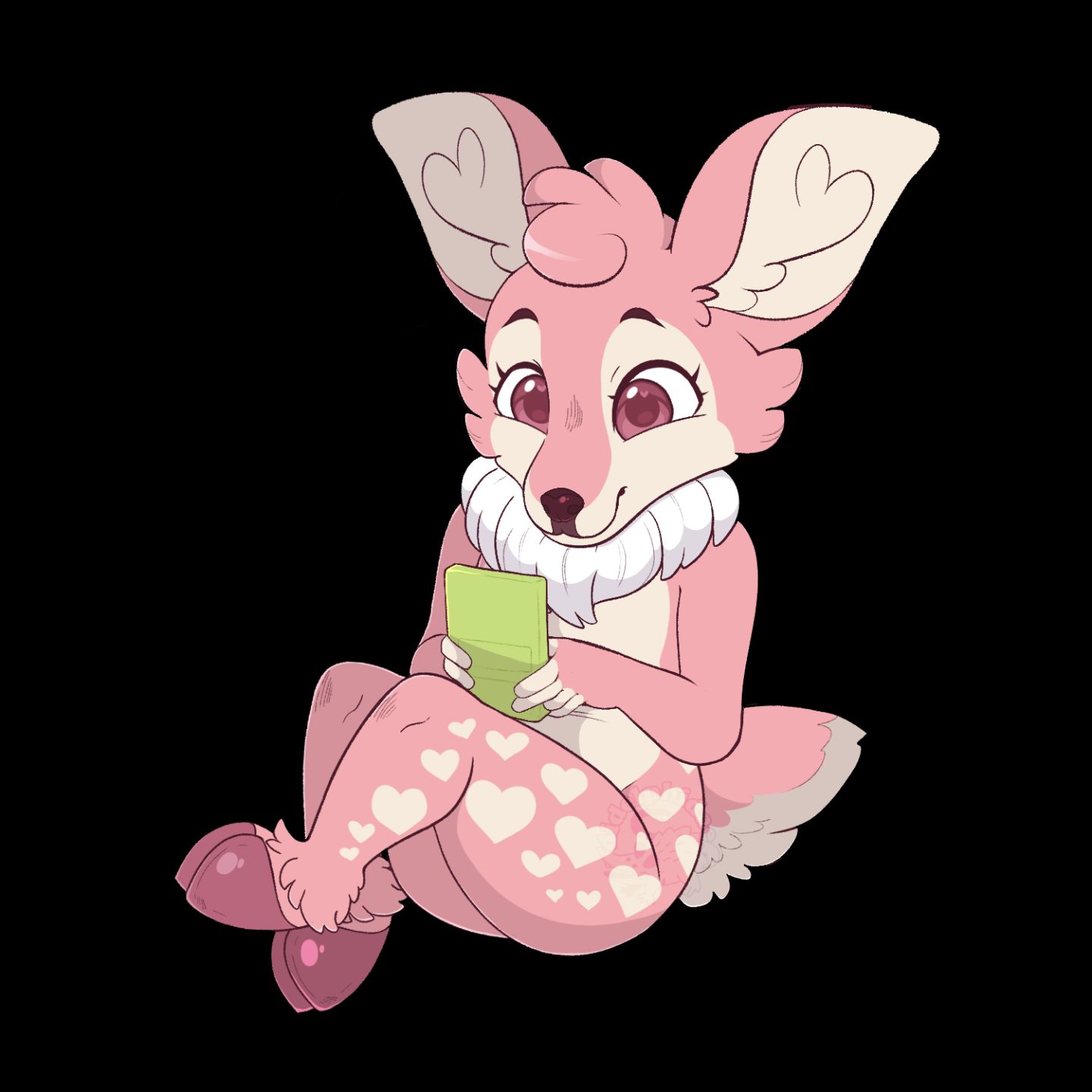 Pink deer sitting down playing a green gameboy color.  She has heart spots in her fur, hearts in her eye shine and hearts in her ear fluff