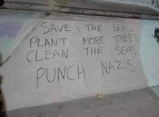 “Save the bees
Plant more trees
Clean the seas
Punch Nazis”