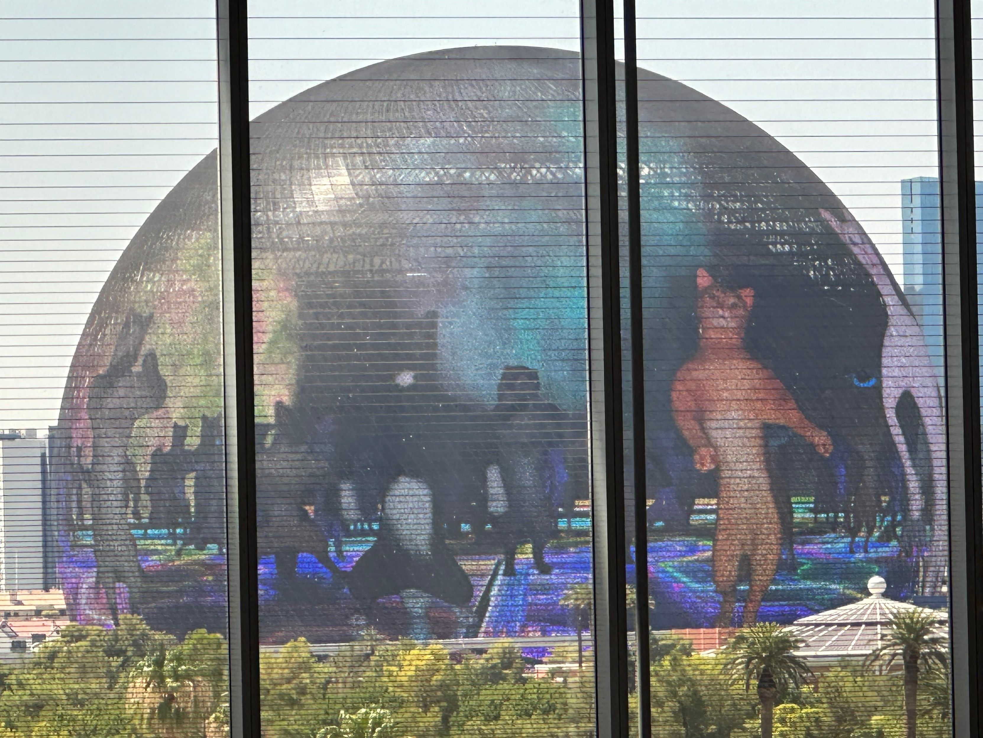 The Sphere in Las Vegas shown with a video of computer-generated dancing cats displayed over the surface on the building