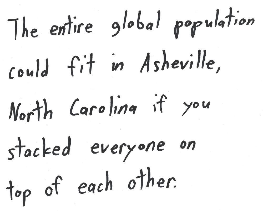The entire global population
could fit in Asheville,
North Carolina if you
stacked everyone on
top of each other.