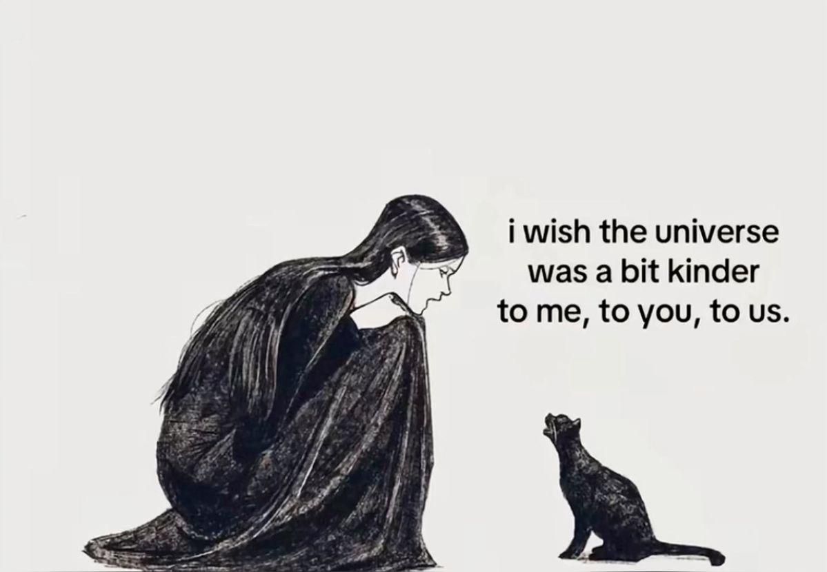 A black and white illustration shows a woman in a long, flowing dress kneeling and facing a black cat. She has long hair and is looking down at the cat. To the right of the illustration, there is text that reads, "I wish the universe was a bit kinder to me, to you, to us."