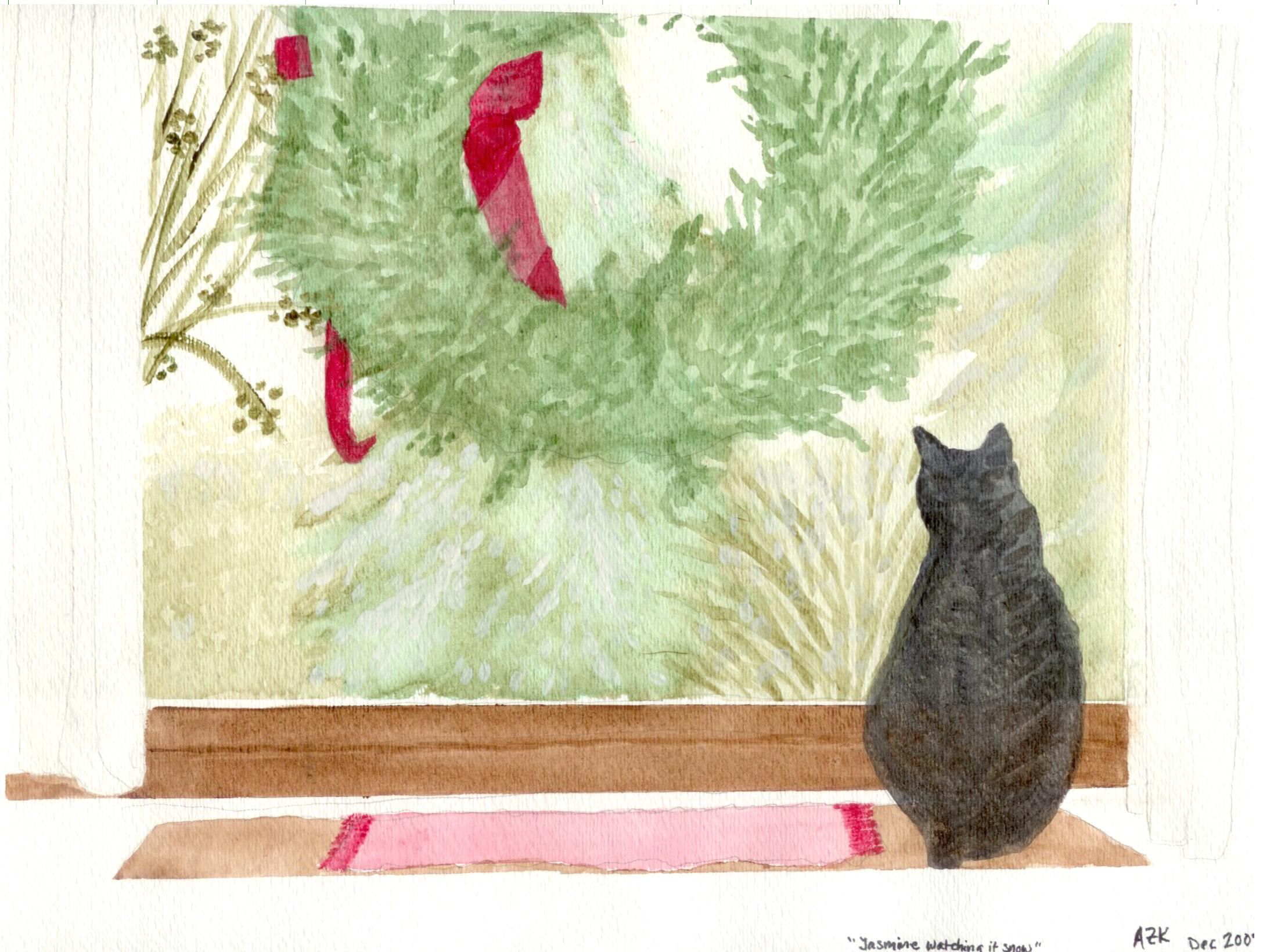 "Jasmine Watching It Snow" watercolor of a tabby cat sitting on a table in front of a window. You can see a Christmas wreath hanging in front of the window and snow falling on trees and bushes outside.