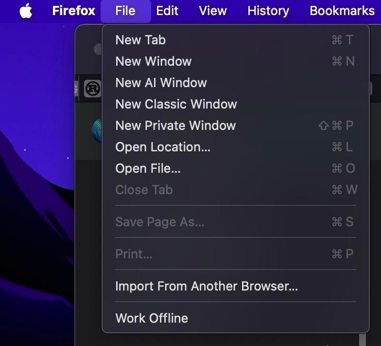 a screenshot of the mozilla Firefox menu bar on macOS. the file menu is open, showing two new menu items “New AI Window” and “New Classic Window” right above the existing “New Private Window” option, physically displacing it down on the screen. neither of the new menu items has a keyboard shortcut.