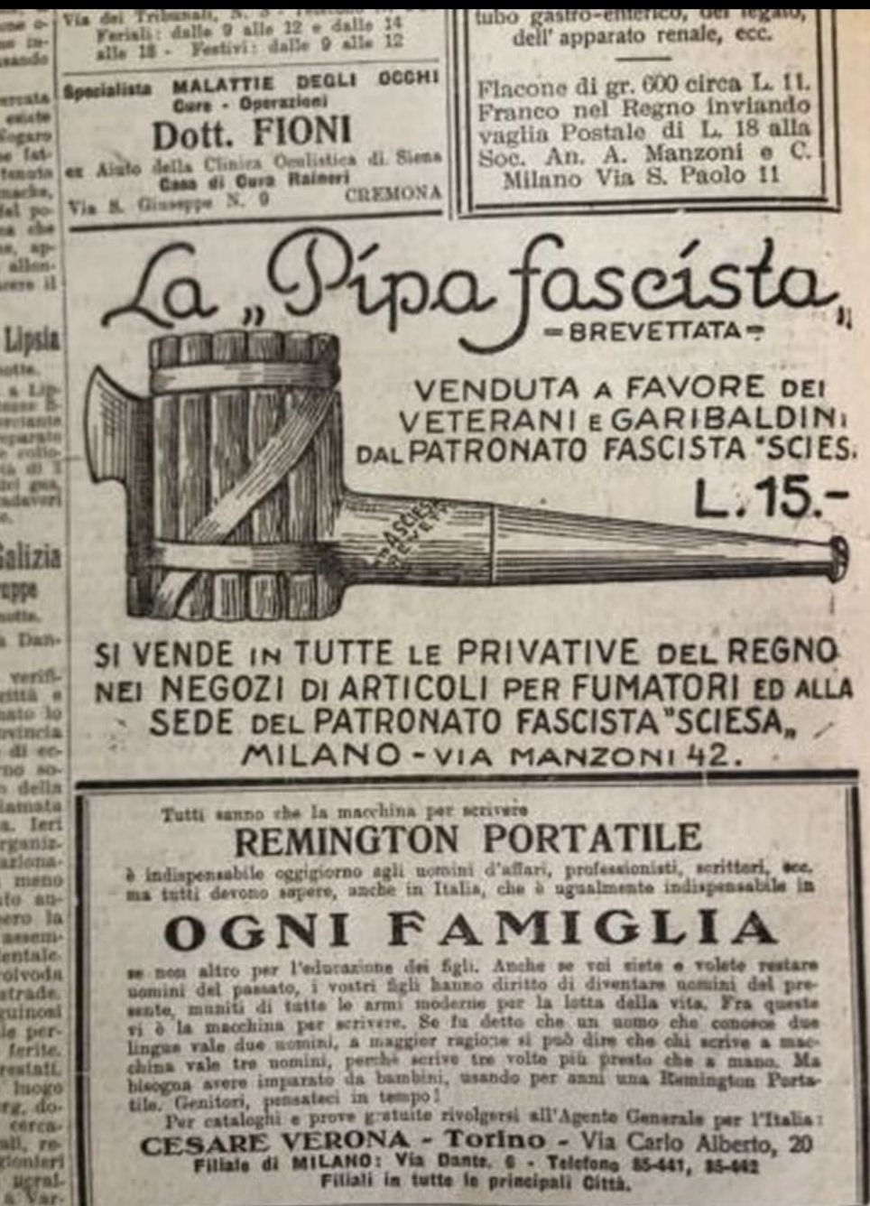Manifesto pubblicitario su giornale degli anni 30 che pubblicizza la pipa fascista 