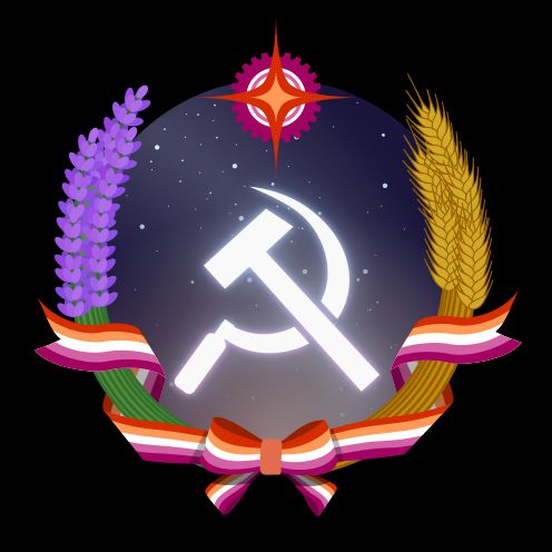 Hammer and sickle but half the wheat circle is lavander and the ribbon is the lesbian flag