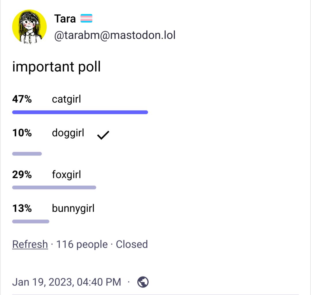 Poll from January 19th, 2023 by @tarabm@mastodon.lol captioned "important poll" 

47% catgirl
10% doggirl 
29% foxgirl
13% bunnygirl

116 votes