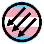 A popular antifascist (antifa) symbol, the three arrows representing the Iron Front, pointing down and left. This in a circle where the outside is black, the trans flag as a background. 

Image Source (no other info follows): https://cascadiabioregion.org/department-of-bioregion/mls-withdraws-prohibition-of-anti-fascist-iron-front-symbol-in-victory-for-cascadia-supporter-groups