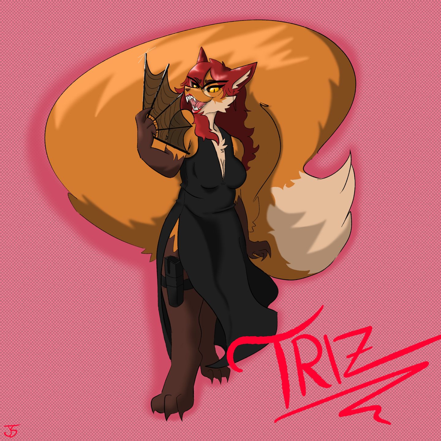 a cartoon fox person smirking and holding a black hand fan that looks like a spiderweb. she is wearing a black dress with deep cleavage and high slits and a thigh holster for her fan, she has long wavy red humanoid hair, and her tail is humongous and fluffy behind her