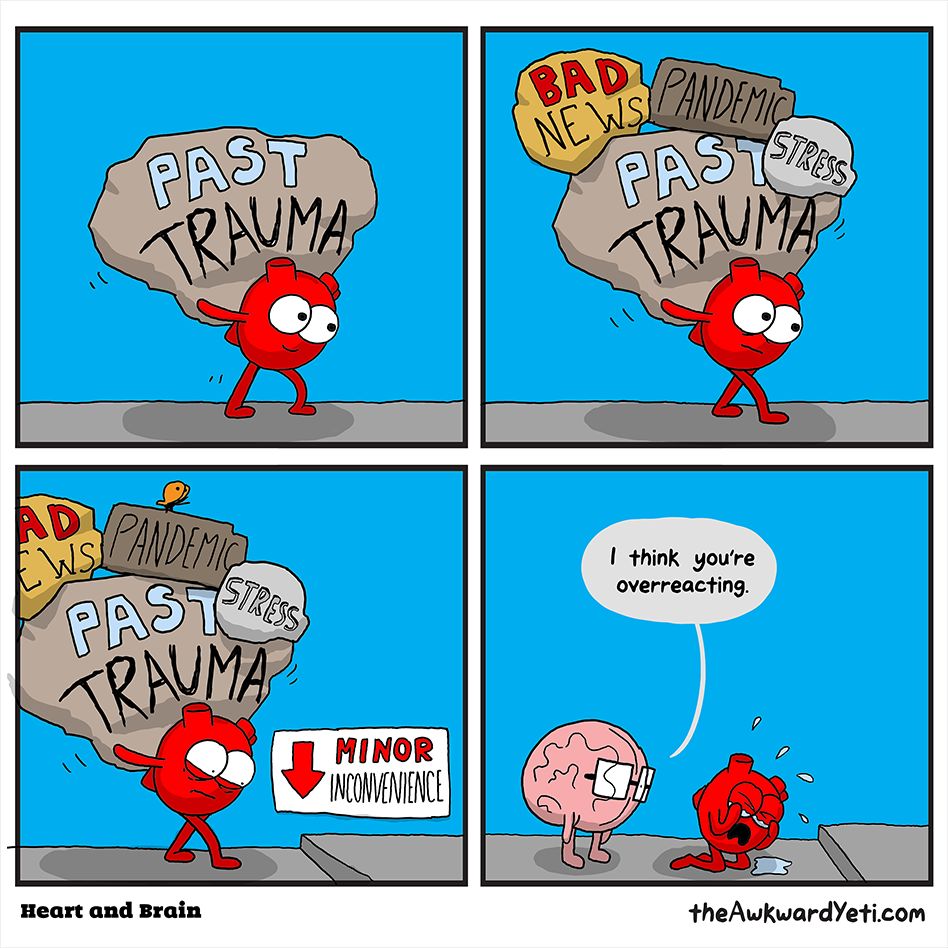 1st panel: Heart is carrying a big rock labeld "Past Trauma". 2nd panel: additional rocks labeled "Bad News", "Pandemic" & "Stress" have been added to the load Heart is carrying. 3rd panel: Heart, starting to struggle under the load, approaches a low step labeled "Minor Inconvenience". 4th panel: having tripped & fallen, Heart is now on their knees, sobbing. Brain is standing nearby, impatiently judging, "I think you're overreacting." —illustration by Awkward Yeti