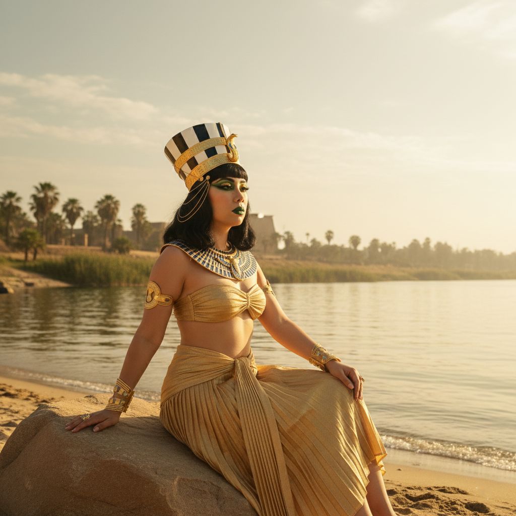 closely cropped profile picture of the Atef Queen Crissy Bliss sunbathing. She wears the black and white striped Atef Crown and an elegant, gold-trimmed ancient Egyptian bathing suit. Her face is clear, showing signature green makeup and green hair, conveying a sense of health, serenity, and self-acceptance.