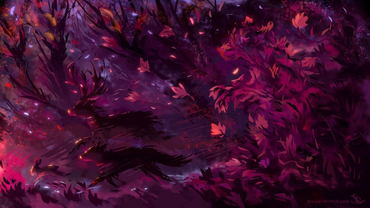 We are in a forest (pink, magenta, light/dark purple color). Autumn leaves are falling from the trees. A rabbit, a deer, and a fox are running away from a creature (in this particular moment, probably a bear shape), made only of leaves and branches. There is no real threat, but they choose to abandon this place, to go to a place where the wind is calmer and feels safer for everyone.
https://www.deviantart.com/sylviaritter/art/Speedpainting-11122025-1274125365
