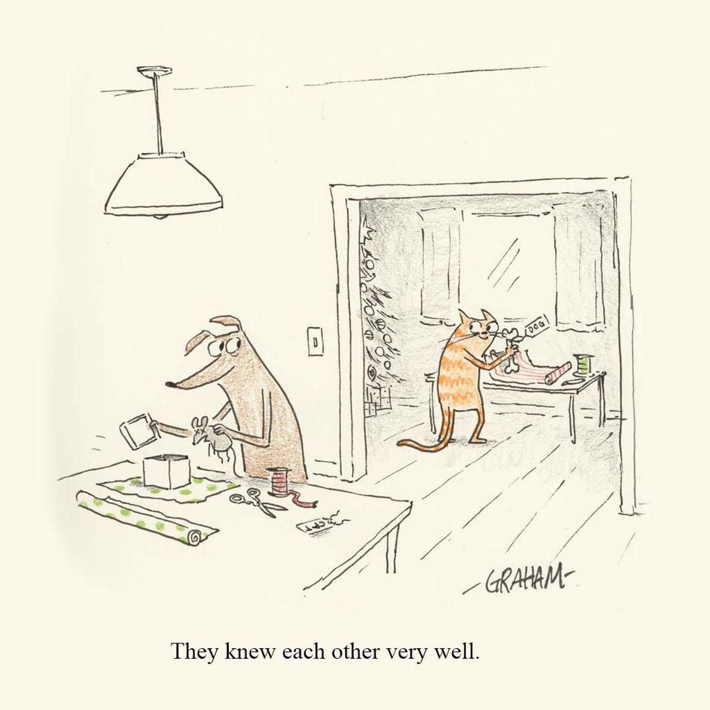 A cartoon illustration of a dog wrapping a dead mouse and a cat wrapping a bone for each other. Caption reads "They knew each other very well."