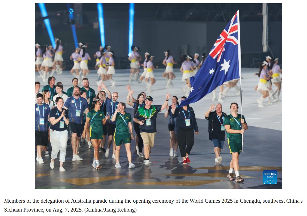 
Members of the delegation of Australia parade during the opening ceremony of the World Games 2025 in Chengdu, southwest China's
Sichuan Province, on Aug. 7, 2025. (Xinhua/Jiang Kehong)
