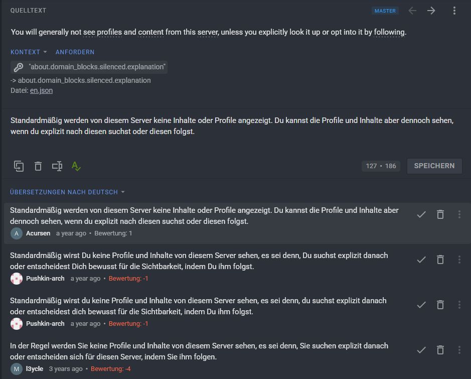 Aus dem Übersetzungstool. Mehrere Vorschläge für die deutsche Übersetzung liegen vor, aber nur dieser hat das Rennen gemacht: Standardmäßig werden von diesem Server keine Inhalte oder Profile angezeigt. Du kannst die Profile und Inhalte aber dennoch sehen, wenn du explizit nach diesen suchst oder diesen folgst.