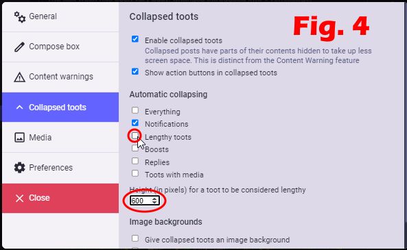 La scheda **"Collapsed Toots**" per togliere o mettere il flag alle seguenti voci:

* Tutto
* Notifiche
* Toot lunghi
* Boost
* Risposte
* Toot con media

e per impostare l'altezza (in pixel) per considerare lungo un messaggio