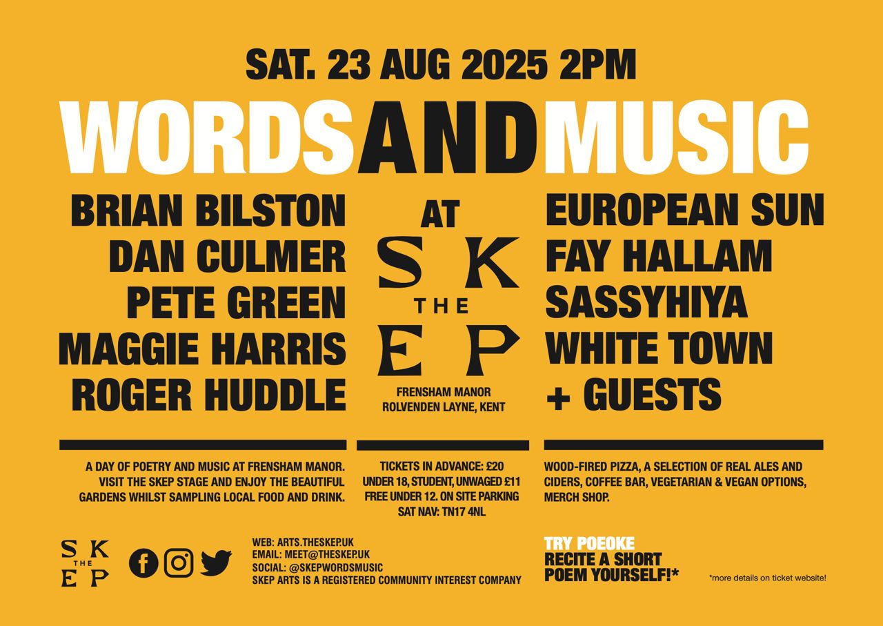 A poster for Words and Music, 23 August 2025 in Rolvenden Layne in Kent. Starts at 2pm. Includes fab music from the likes of European Sun, Fay Hallam and Sassyhiya.