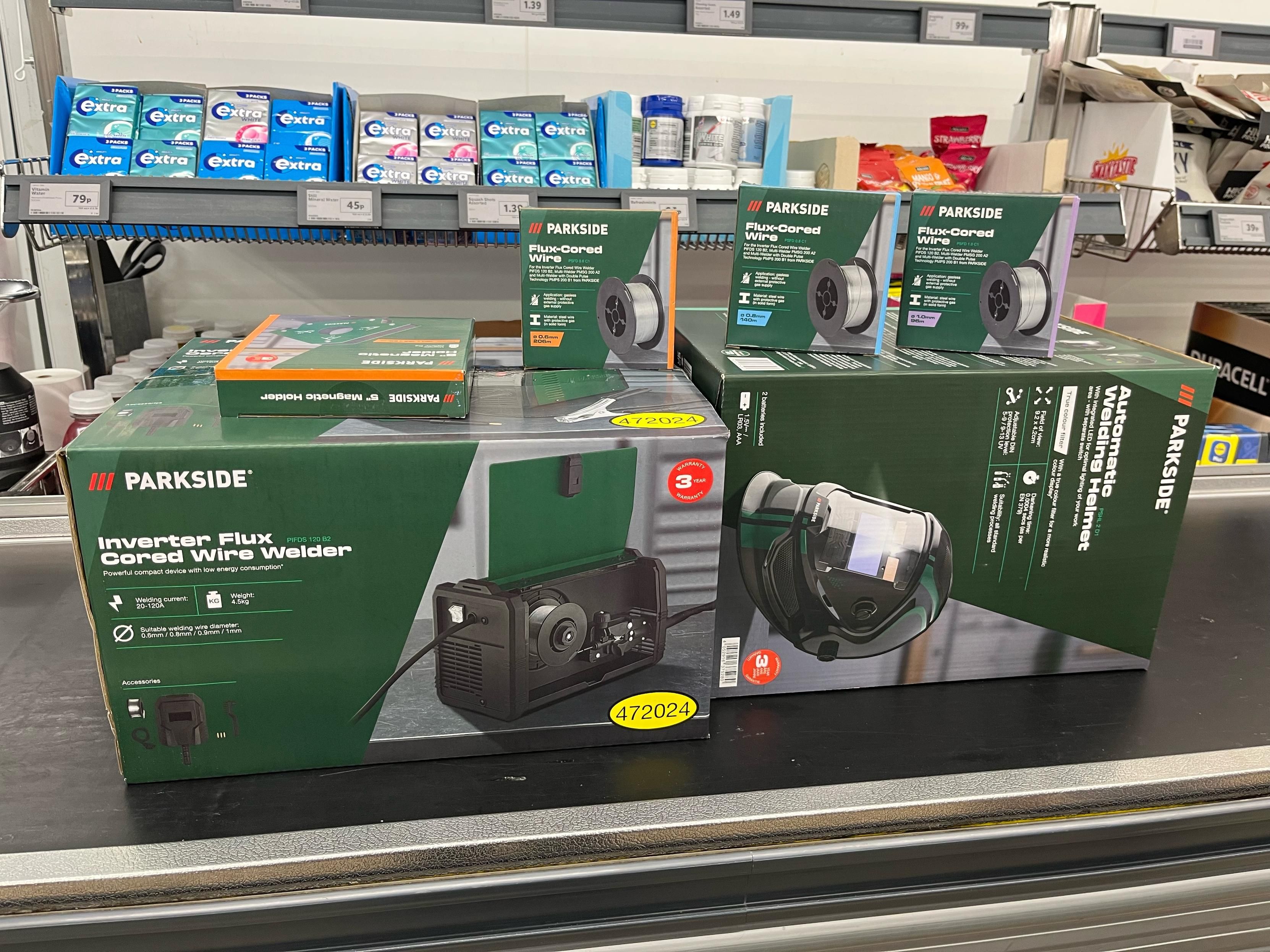 Lidl flux welder, mask, spools of wire. 