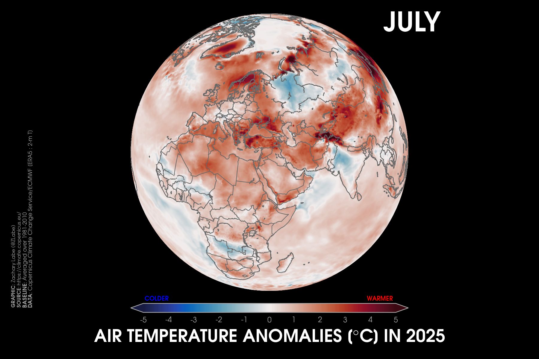 Orthographic map showing 2-m air temperature anomalies in July 2025 relative to a 1981-2010 baseline using ERA5 data. This visualization shows Australia, Antarctica, and Asia. Most areas are warmer than average, except for parts of Australia, India, and Antarctica.