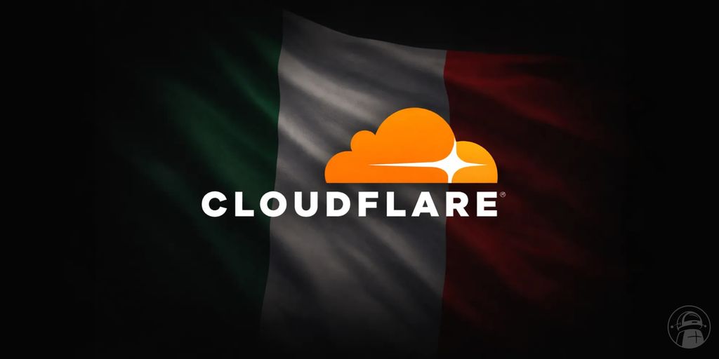 Cloudflare logo centered over a darkened Italian flag background, with the flag subtly waving behind the logo