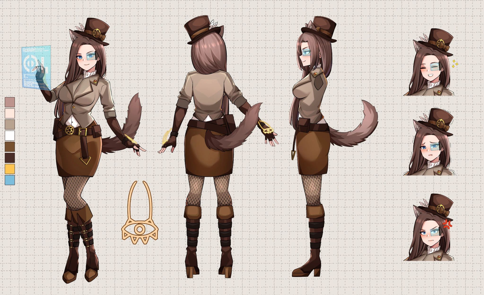 A reference sheet for my character (and still really close to how I wish I looked irl). She has brown hair and a mostly steampunk aesthetic with the clothes' colour scheme matching the hair. The elbow high gloves have a yellow glowy symbol hovering above (it's like an eye above the hand's back, with two curved lines going up the arm and four small triangles attached towards the fingers). She also has a tail and slightly fluffy cat ears. The clothing consists of a tophat, a leather jacket/blazer, a white shirt, brown skirt, leather belt, fishnet leg wear and high brown leather boots. The look is completed by a blue scifi panel hovering in front of one hand which is stretched out to interact with it and another smaller popup panel, attached to a small metal bridge, like a monocle, in front of the left eye.