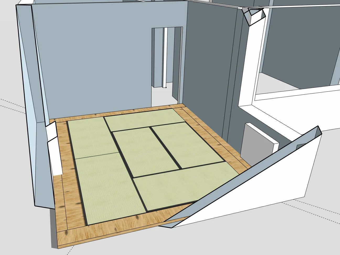 Disegno tridimensionale della stanza, decorata con sei tatami