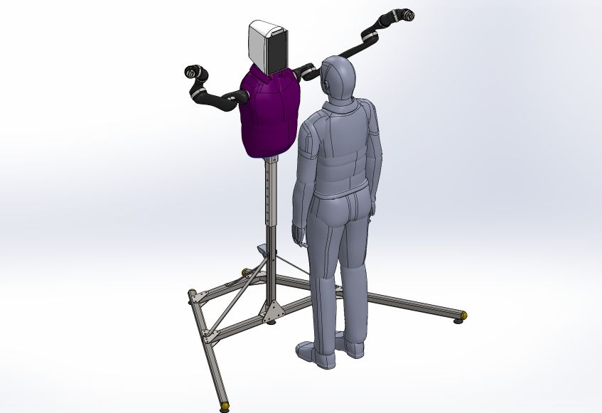 A 3D sketch of a Humanoid standing before a hugging robot construction consisting of a scaffolded torso with robotic arms and a "head" with a screen instead of a face.