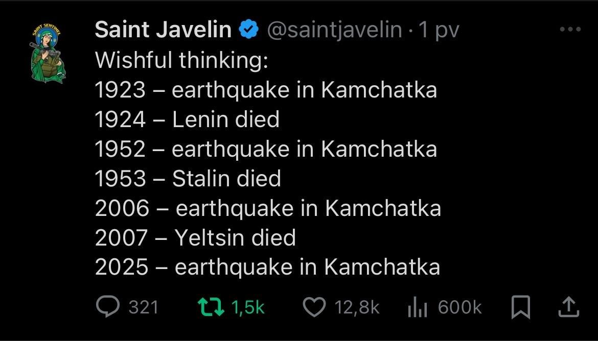 A tweet from the account "Saint Javelin," listing notable events from 1923 to 2025, including earthquakes in Kamchatka and the deaths of prominent figures like Lenin, Stalin, and Yeltsin. The text reflects a pattern