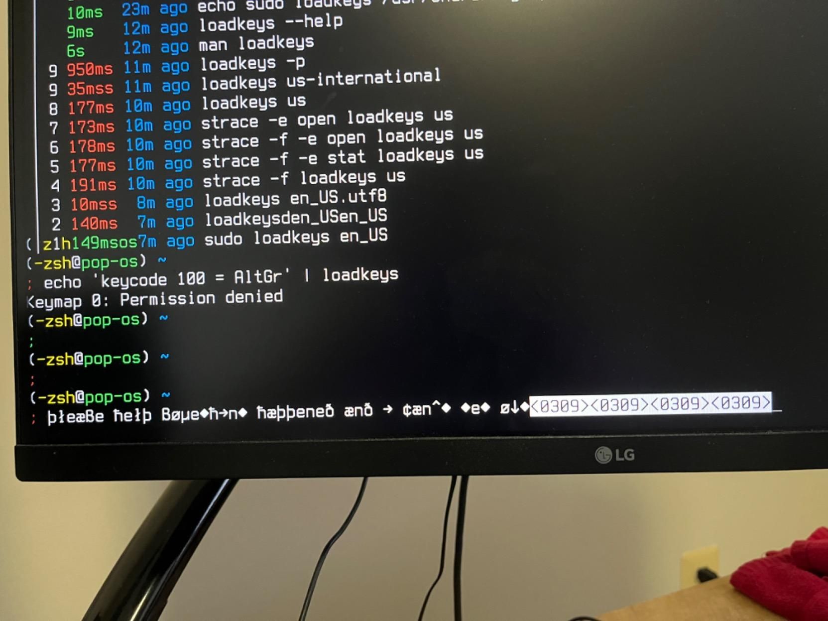 a picture of a monitor. the first few lines show a command history with a bunch of loadkeys commands. the most recent command is “echo keycode 100 = AltGr | loadkeys”. the bottom line is an untyped command full of very weird symbols that, nevertheless, can be seen to spell out “please help [unreadable] happened and -> can [indecipherable] <0309> <0309> <0309>”.