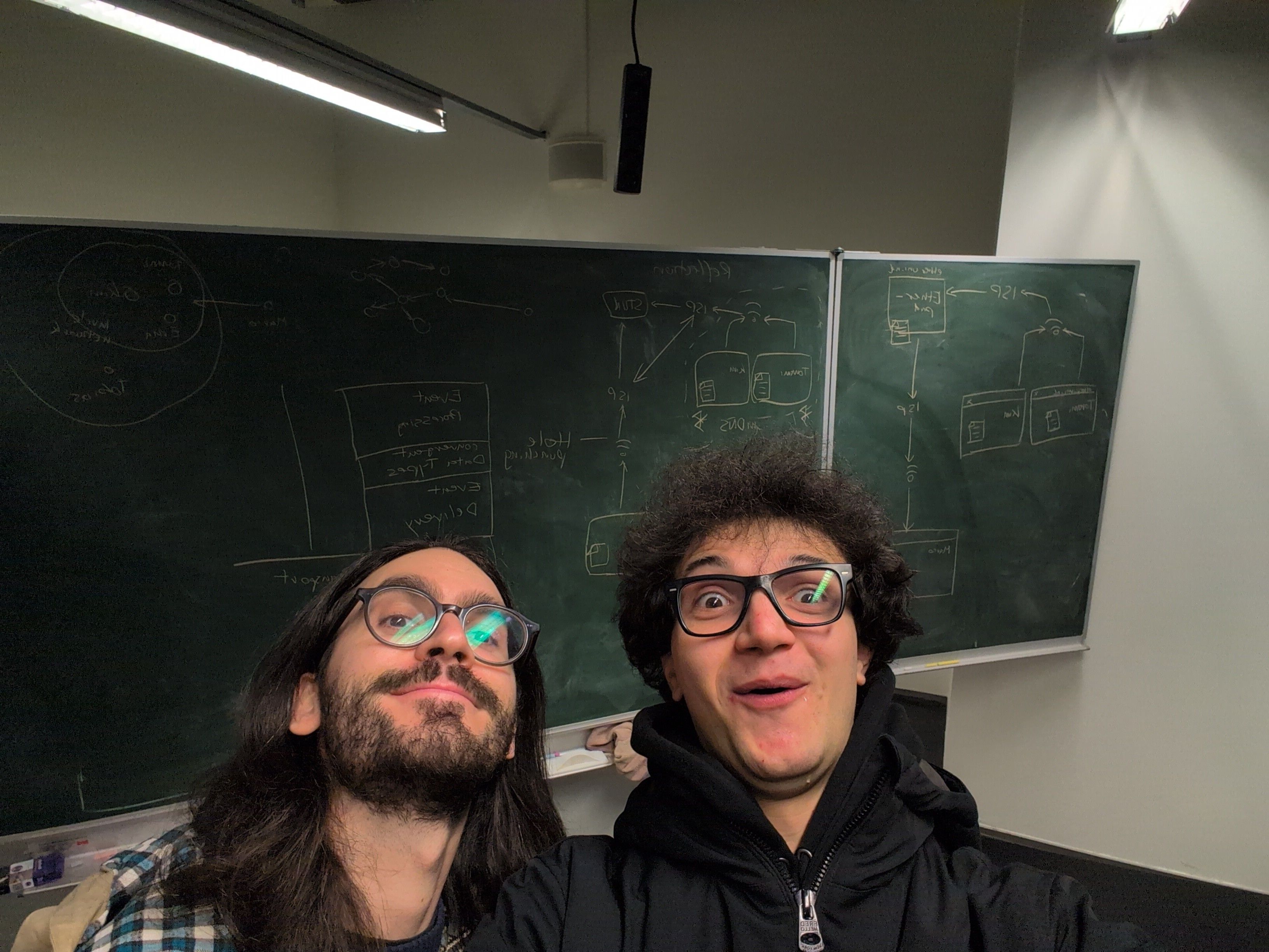 Selfie of Tommi and Tobias in front of the blackboard with all the schemes and explanations