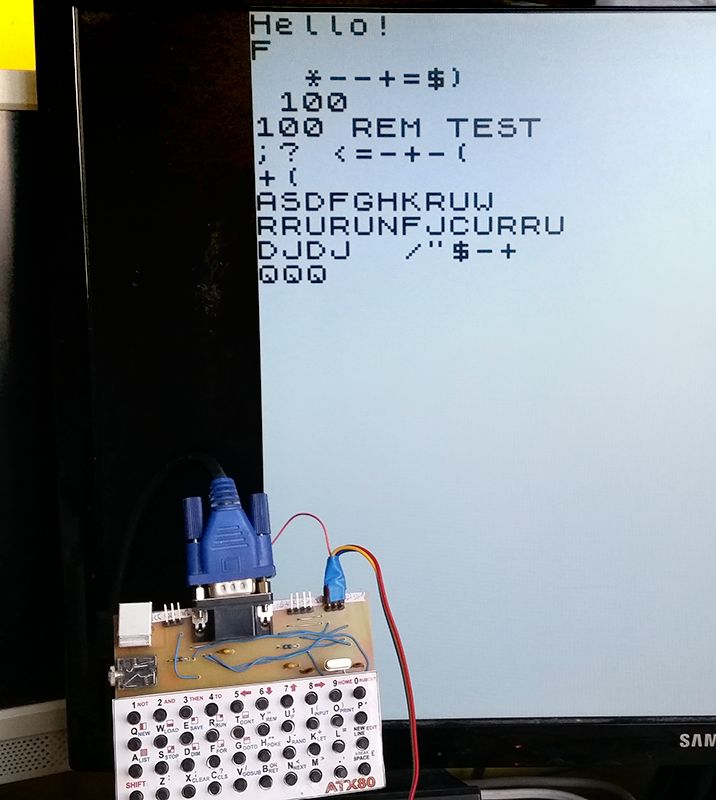 The dual-processor (ch32v003) microcomputer displays symbols on the VGA screen corresponding to the keys pressed.