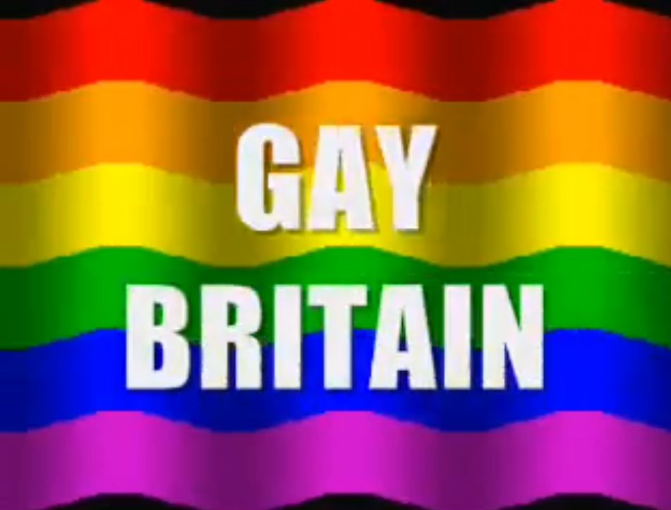a gay flag with the text "GAY BRITAIN" on top of it