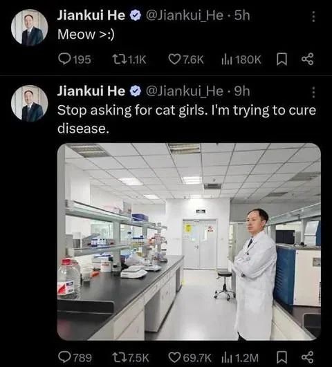 Series of tweets by Jiankui He, a biophysicst who was the first one to edit genome of a human, and was famously imprisoned for that. The first post reads "Stop asking for cat girls. I'm trying to cure disease." The second one, made 4 hours later, reads "Meow *evil grin*"