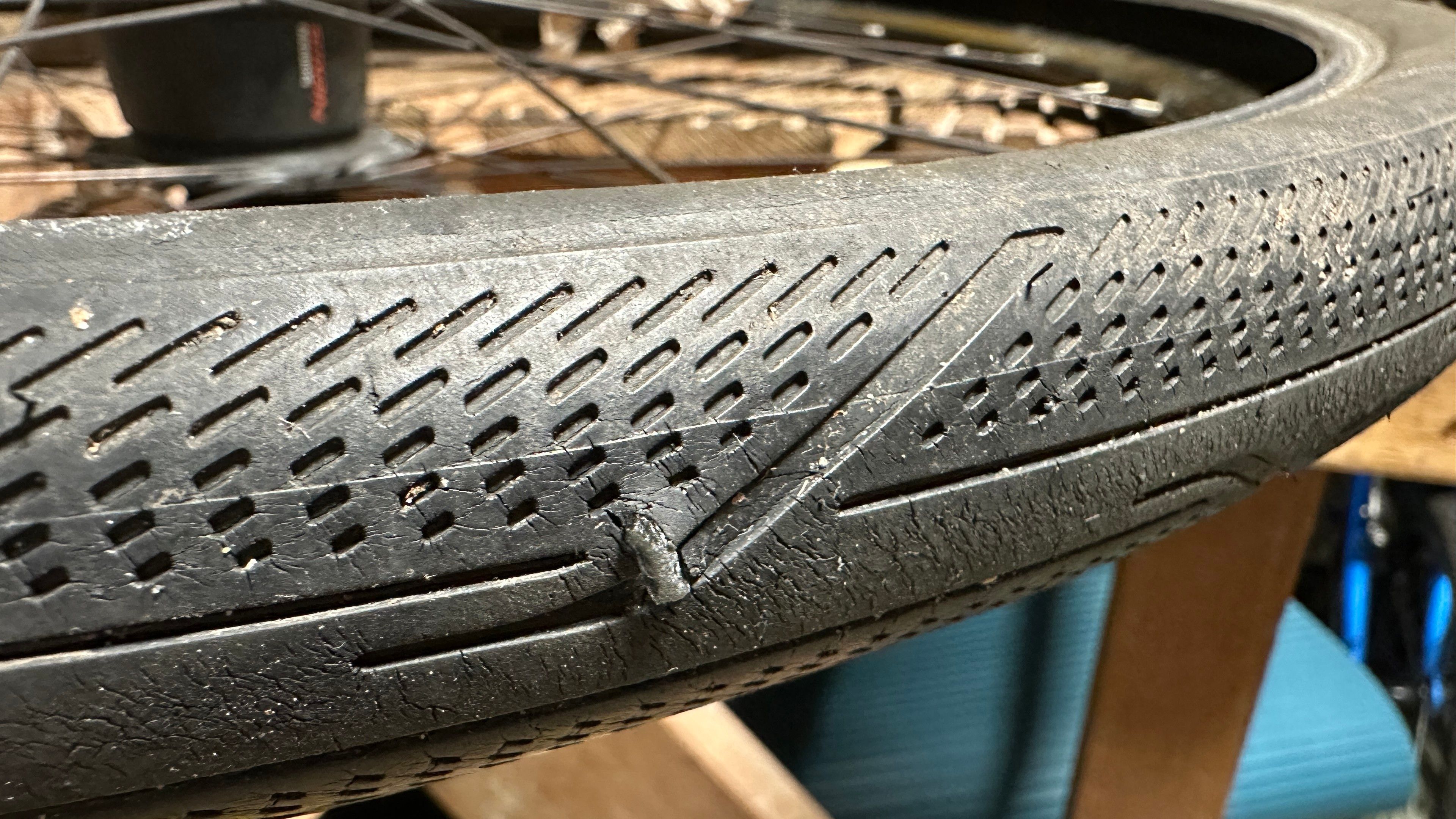 Bicycle tire with a piece of glass embedded in it. 