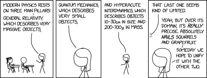 4 panel comic.

1. Two people at student desks while one person lectures. The lecturer says "Modern physics rests on three pillars. General relativity, which describes very massive objects,"

2. Zoom to just the lecturer who continues "quantum mechanics, which describes very small objects,"

3. Lecturer continues "And hyperactue interdynamics, which describes objects 10 - 30 centimeters in size and 200 - 700 grams in mass."

4. Comment from off panel student "The last one seems kind of limited."
Lecturer replies "Yeah, but over its domain it's *really* precise. Absolutely nails squirrels and grapefruit. Someday we hope to unify it with the other two."