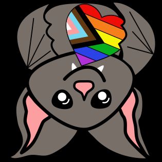 An upside down cartoonish bat holding a heart with the pride progress flag design.