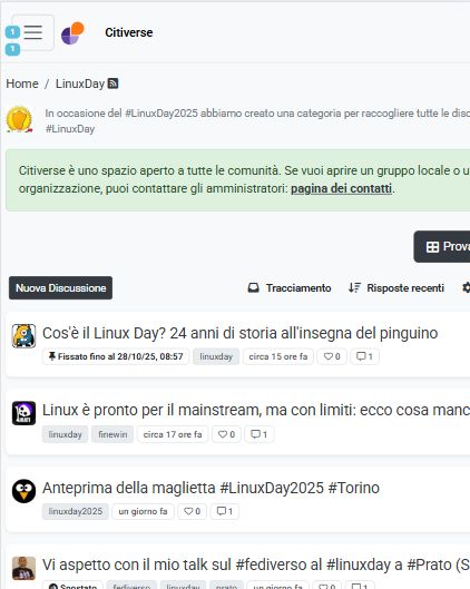 La schermata della categoria NodeBB dedicata al Linux Day