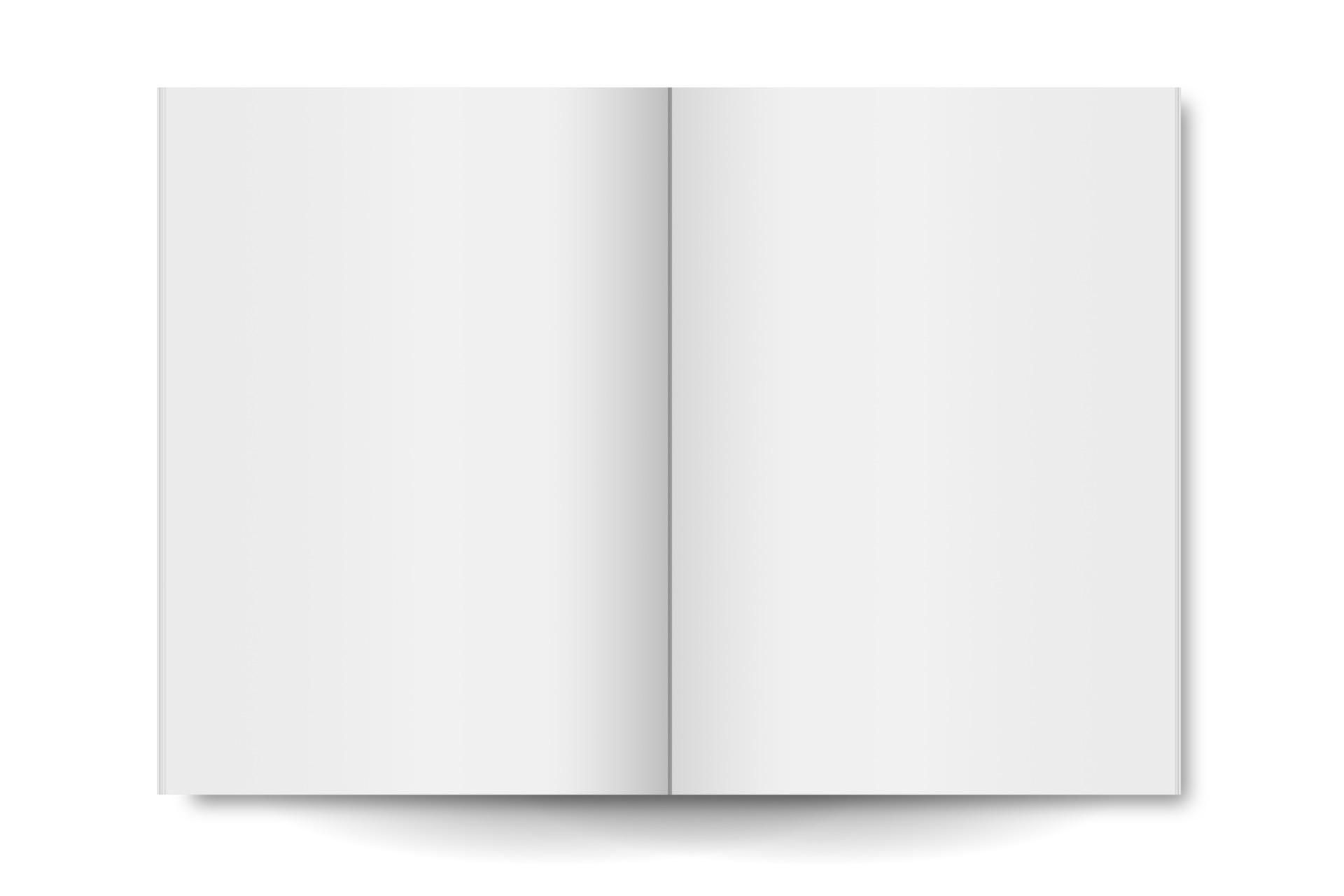 An open book with blank white pages, displaying no text or images.