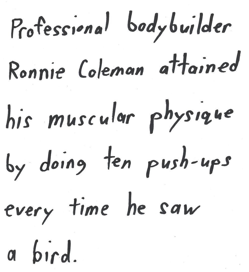 Professional bodybuilder
Ronnie Coleman attained
his muscular physique
by doing ten push-ups
every time he saw
a bird.