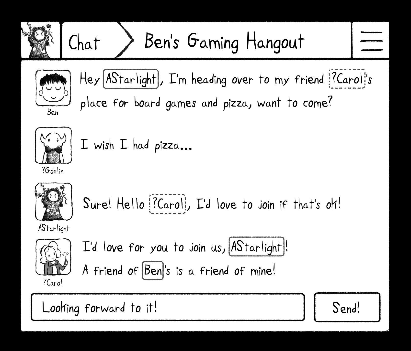 A chatroom called "Ben's Gaming Hangout", which is part of a series of mockups for Spritely's higher-level UI work.