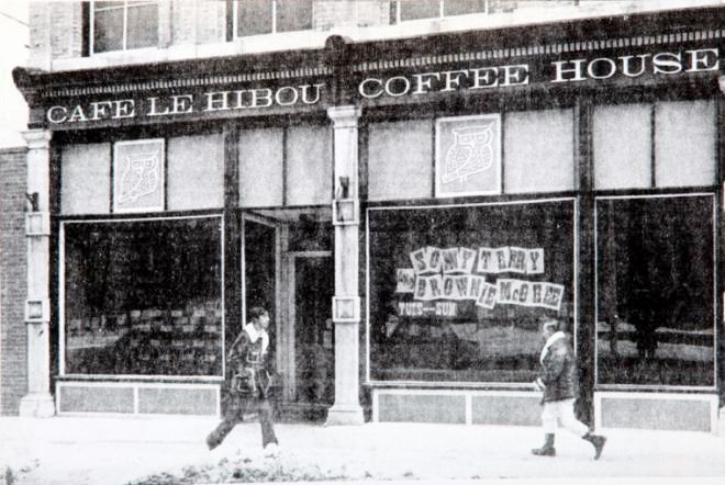 An old grainy photo shows the front of the Coffeehouse in the late 60s, maybe 1970.  The signs in the window indicate that famed Americana folk and blues performers Sonny Terry and Brownie McGee were playing there at the time. 