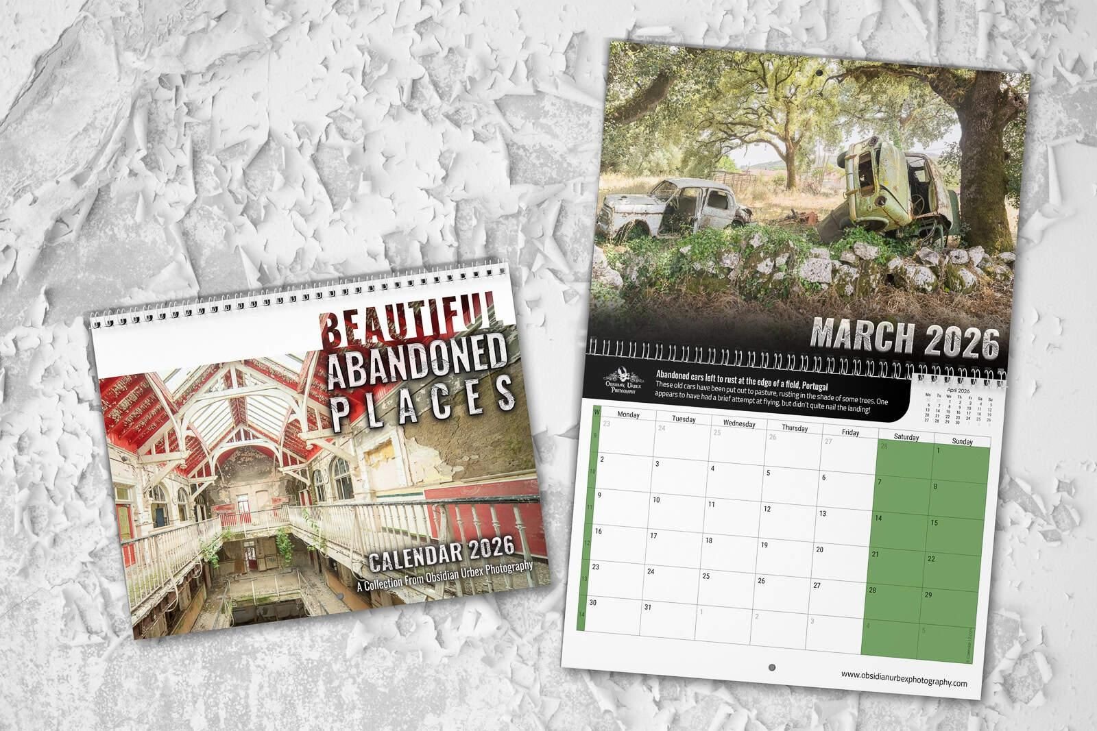 calendar one open one closed, featuring photos of abandoned places and things