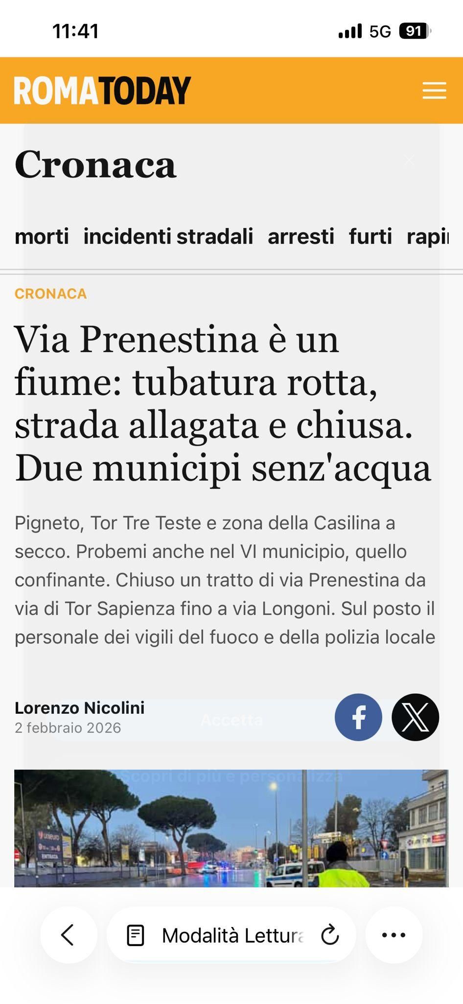 Via Prenestina è un fiume: tubatura rotta, strada allagata e chiusa. Due municipi senz'acqua