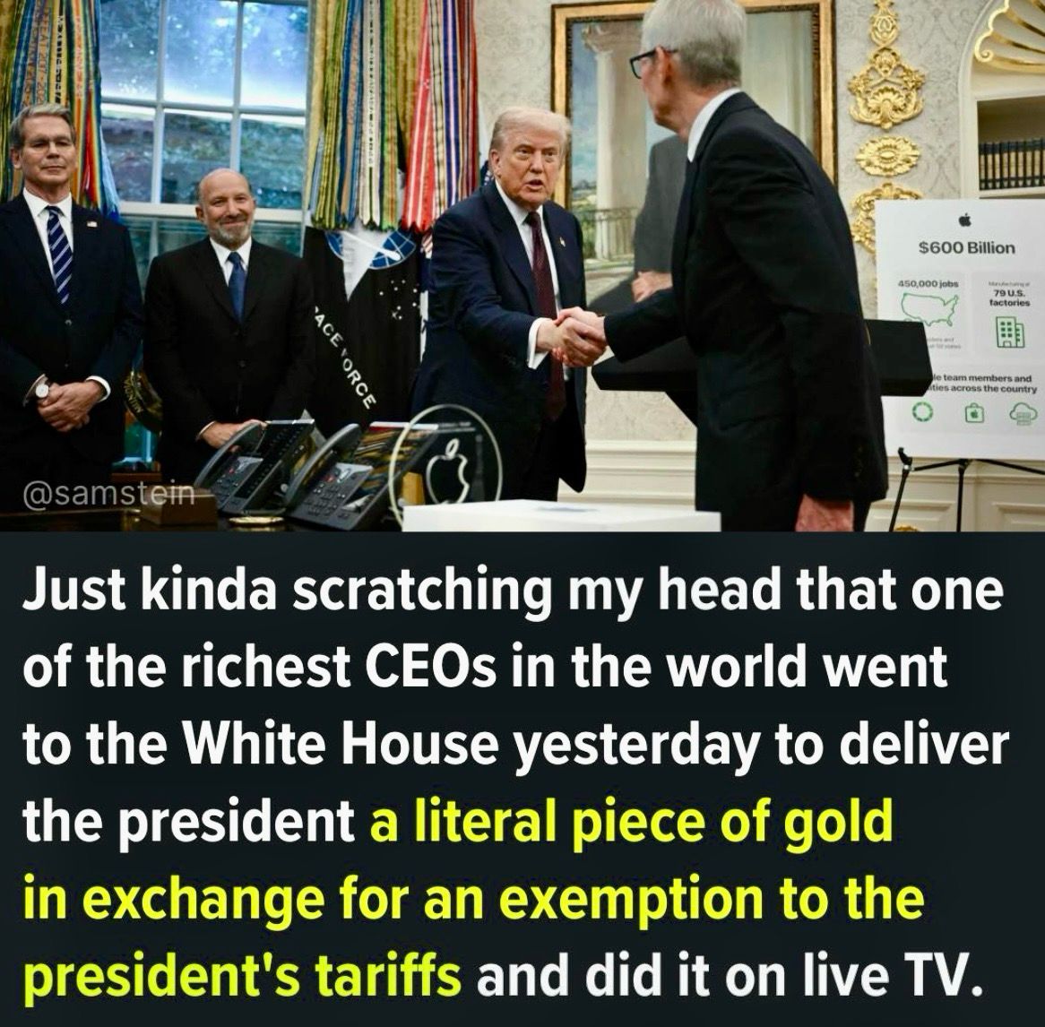 “Just kinda scratching my head that one of the richest CEOs in the world went to the White House yesterday to deliver the president a literal piece of gold in exchange for an exemption to the president's tariffs and did it on live TV”. @samstein